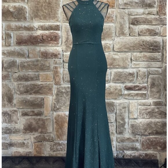 City Studio Dresses & Skirts - City Studio Green Glitter Halter Strappy Shoulder Gown Size 11
